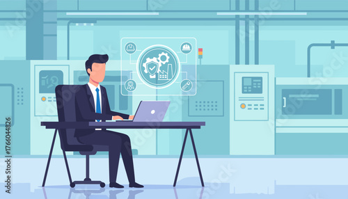Modern factory interior with a businessman in a suit working on a laptop, overseeing a holographic display of GMP (Good Manufacturing Practice) compliance icons, symbolizing quality control and