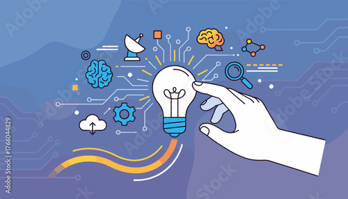 Innovative idea concept with a hand touching a glowing light bulb, symbolizing creativity, technology, and connection, surrounded by icons of brains, gears, satellite, cloud, and network nodes on a