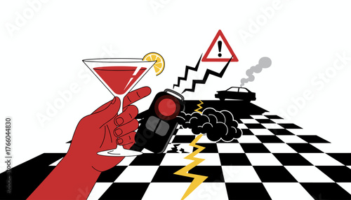A stylized illustration depicts a hand holding a cocktail glass with a lemon slice, juxtaposed with a car remote control, symbolizing the dangers of impaired driving and potential accidents, with a
