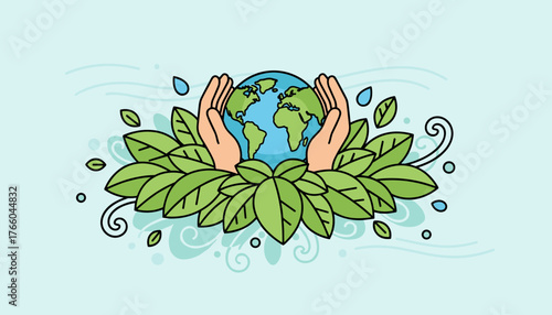 Vivid illustration of hands cradling the Earth globe amidst lush green leaves, symbolizing environmental protection, sustainability, and the delicate balance of nature, with subtle water droplets and