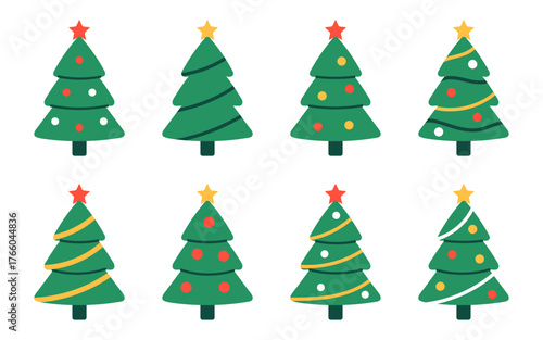Vector illustration of cute green Christmas trees with stars on top, ornaments, garlands, and decorations. Tree with stars, garlands, balls. New year holiday cards, festive decor, winter celebration.