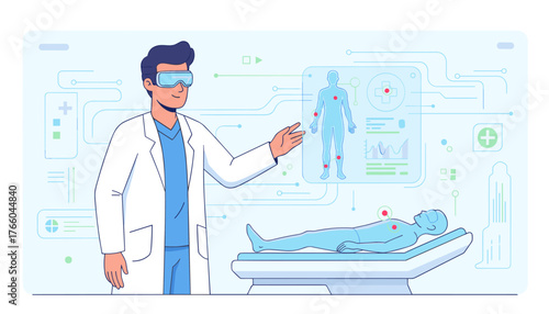 Modern doctor wearing VR headset interacting with holographic medical data, displaying patient's body scan and vital signs, representing advanced healthcare technology and futuristic diagnostics in