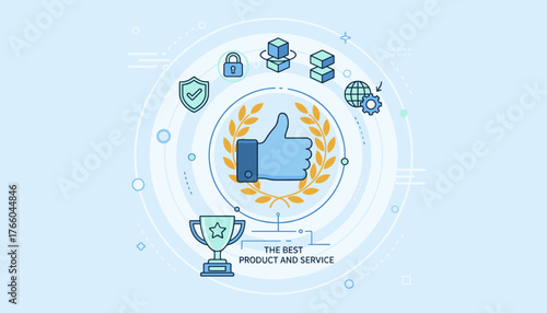 Conceptual illustration of top service quality and best product achievement, featuring a hand giving a thumbs-up gesture within a laurel wreath, a trophy, and icons representing security, 3D