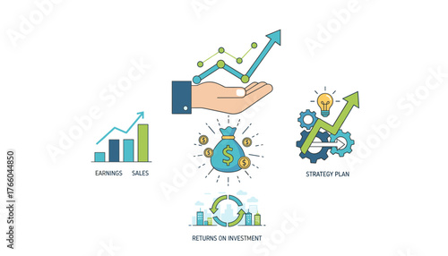 Vibrant flat design icons illustrating financial growth and business strategy, featuring a hand supporting a rising graph, a money bag with coins, a strategy plan with gears and a lightbulb, and