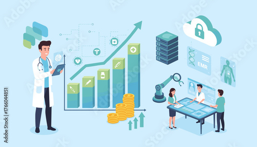 Modern healthcare business concept with doctor analyzing data on tablet, robotic arm, cloud storage, EMR system, and financial growth chart, symbolizing innovation and digital transformation in