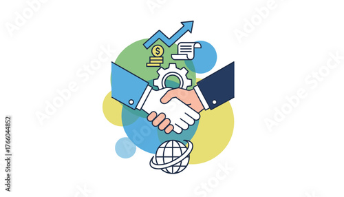 Symbolic illustration of a handshake signifying the conclusion of a contract and successful partnership, with icons representing business growth, finance, and global reach, set against a backdrop of