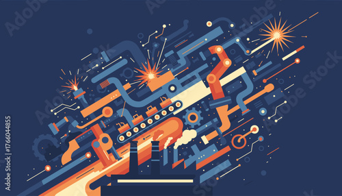 Vibrant abstract industrial scene with robotic arms, conveyor belts, welding sparks, and factory chimneys, rendered in a modern, flat design style with a palette of deep blue, orange, and cream