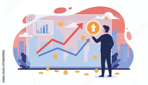 Vibrant illustration of a businessman analyzing financial graphs with rising arrows and falling lines, symbolizing inflation and economic growth, surrounded by floating gold coins against a cityscape