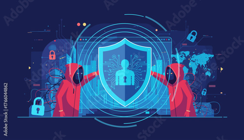 Cybersecurity concept illustration featuring two hooded figures in red, symbolizing hackers, attempting to breach a digital shield with a human silhouette and keyhole, surrounded by abstract network