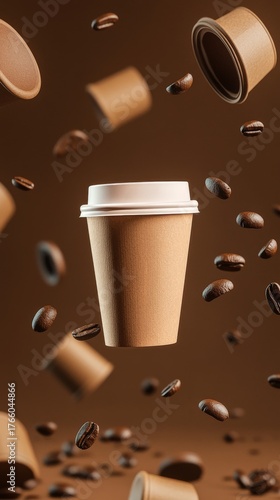 Coffee Cup Floats Among Scattered Coffee Beans and Paper Lids in a Dynamic Br...