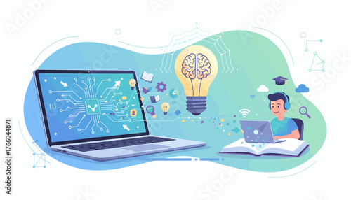 Vibrant illustration of a laptop displaying a circuit board and a glowing light bulb with a brain inside, symbolizing innovation and inspiration, alongside a student learning online with headphones