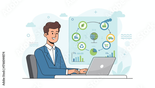 Man in blue suit analyzing environmental impact on laptop, visualizing life cycle assessment with icons for industry, recycling, transport, and CO2 emissions, representing sustainability and