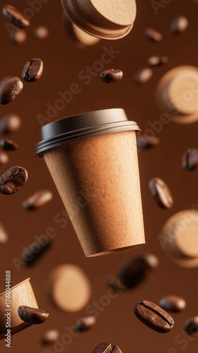 Coffee Cup Floats Among Scattered Coffee Beans and Paper Lids in a Dynamic Br...