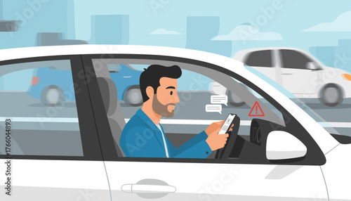 Irresponsible man texting while driving a car on a busy highway, ignoring traffic and potential danger, with a warning sign visible on the dashboard, highlighting the risks of distracted driving and