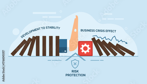 Conceptual illustration of business risk management and strategy, showing a hand stopping a domino effect of falling wooden blocks, symbolizing crisis prevention and stability, with a gear icon