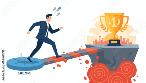 Businessman breaking free from a safe zone, stepping onto a precarious bridge made of broken blocks, heading towards a golden trophy symbolizing success and achievement, with a cityscape and lava