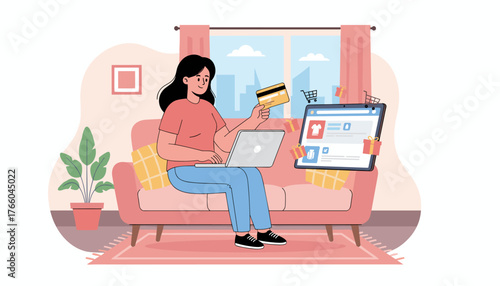 Vibrant illustration of a woman comfortably shopping online from her sofa, holding a gold credit card and using her laptop, with a tablet displaying an e-commerce interface and gift boxes floating