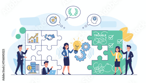Business team collaborating to solve complex puzzle problems, brainstorming innovative solutions, and achieving success through teamwork and strategic thinking, symbolizing growth and overcoming