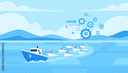 Conceptual illustration of a blue leader boat guiding a fleet of smaller boats across a calm sea, symbolizing success, leadership, and teamwork, with abstract gears and a brain icon representing
