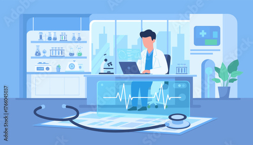 Modern medical laboratory scene with a doctor in a white coat working on a laptop, surrounded by scientific equipment, a microscope, test tubes, and a holographic display showing a heartbeat EKG