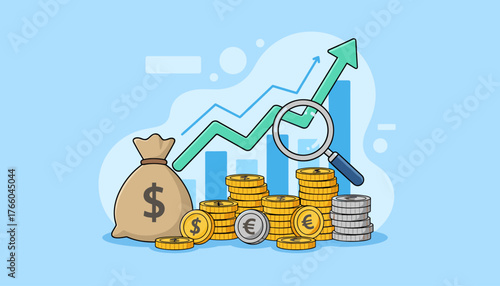 Vibrant illustration of a stock market graph with an upward trend, symbolizing financial growth, accompanied by a money bag and stacks of gold and silver coins, with a magnifying glass examining the