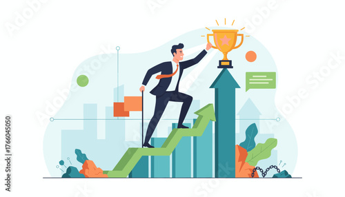 A determined businessman in a suit climbs a rising green arrow graph, holding a golden trophy aloft, symbolizing success, achievement, and winning in a competitive business environment, with a flag