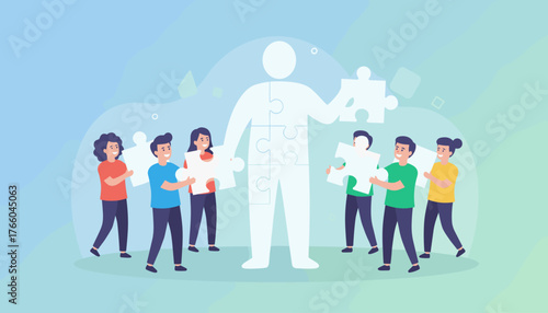 Diverse group of people collaboratively assembling a large jigsaw puzzle figure, symbolizing teamwork, unity, and the power of collective effort in achieving a common goal, representing business