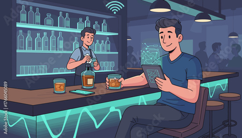 Modern bar scene with a man unwinding with a whiskey and tablet, bartender preparing drinks in the background, showcasing technology and leisure in a contemporary social setting with glowing neon