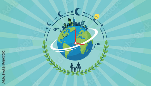 Creative illustration of the Earth as a clock with a city skyline and a light bulb, symbolizing global sustainability, renewable energy, and the importance of time for environmental protection, with