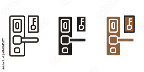 Set of door lock and handle icons in line, glyph, solid, and color styles, representing security and room access.