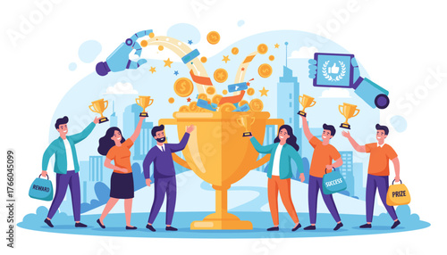 Vibrant vector illustration depicting a diverse group of people celebrating success and achievement, holding golden trophies, with a giant trophy overflowing with coins and awards, and a robotic hand