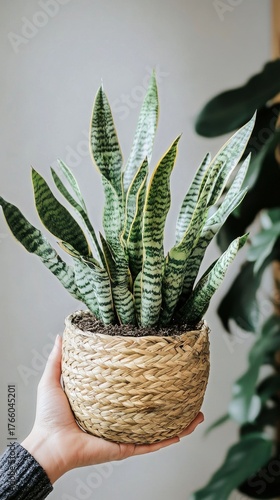 Hand Holding a Green Snake Plant in a Woven Basket Near Other Plants Indoors