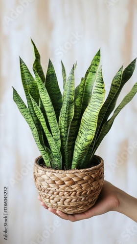 Hand Holding a Green Snake Plant in a Woven Basket Near Other Plants Indoors