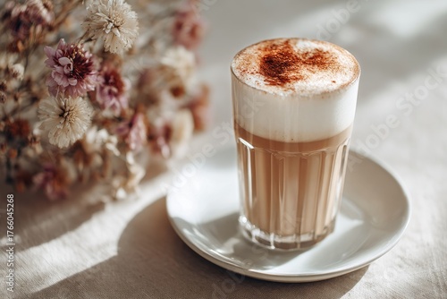 Coffee With Frothy Milk and Cinnamon on a White Table Beside Dried Flowers in...