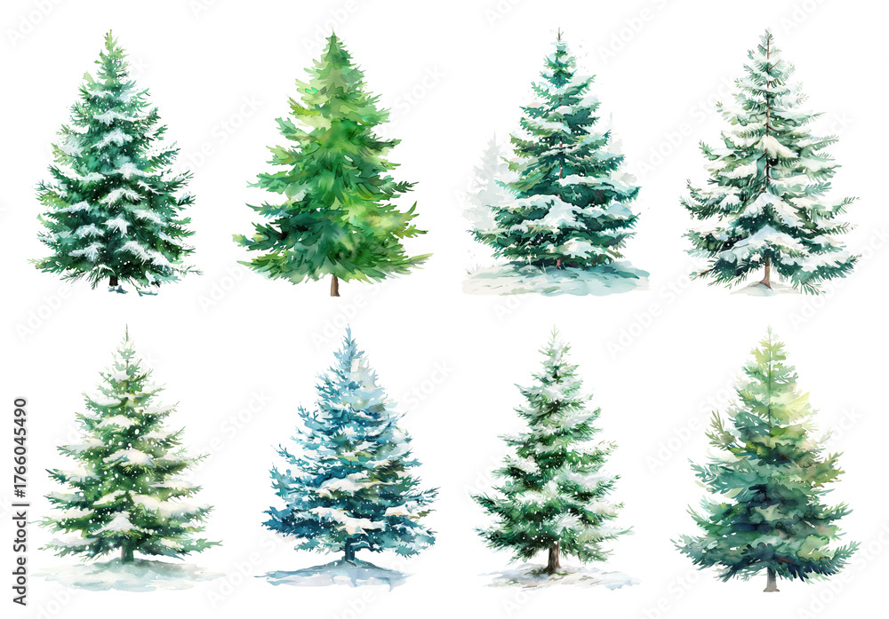 Obraz premium Watercolor snowy evergreen trees illustration.