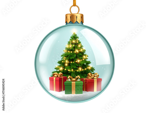  Miniature Christmas Tree Inside Glass Bauble with Golden Details, Vector Illustration, And transparent the background.