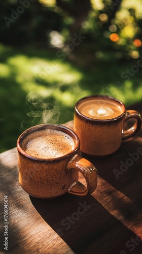 Hot Coffee Cups on a Wooden Table in a Serene Garden Setting During the Morning