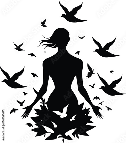Silhouette of a woman meditating surrounded by a flock of birds taking flight symbolizing freedom and inner peace