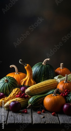 A rustic arrangement of autumn harvest vegetables including pumpkins, gourds, corn, and apples on a wooden surface.