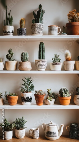 Wallpaper Mural Cacti and Succulents Arranged on Wooden Shelves in a Cozy Indoor Space Torontodigital.ca