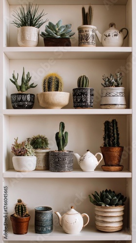 Display of Various Potted Plants and Succulents Arranged on a Wooden Shelf