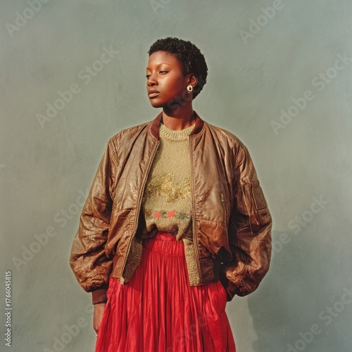 Fashionable Woman Poses Confidently in a Brown Bomber Jacket and Red Skirt Ag...