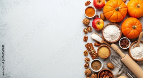 Autumn baking ingredients and harvest produce arranged on a light background with ample copy space.