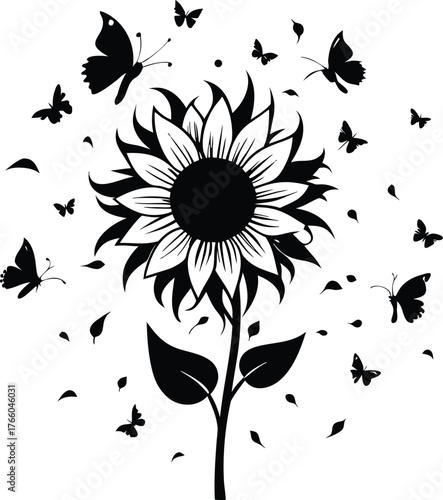 Artistic black and white illustration of a single sunflower with many small butterflies fluttering around its blooming petals and stem
