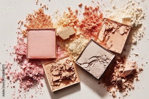 Colorful Makeup Powders Spread Across a Surface With Various Shades for Beaut...