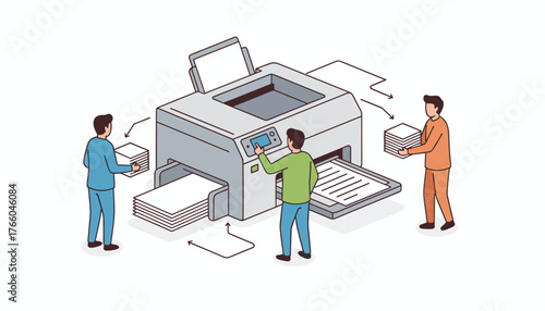Isometric flat design illustration of a multifunction printer with three people interacting with it, loading paper, operating the touchscreen, and collecting printed documents, set against a clean
