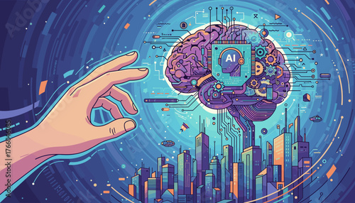Abstract illustration of a human hand reaching out to touch a futuristic, AI-powered brain integrated with a cityscape, symbolizing the intersection of artificial intelligence, technology, and human