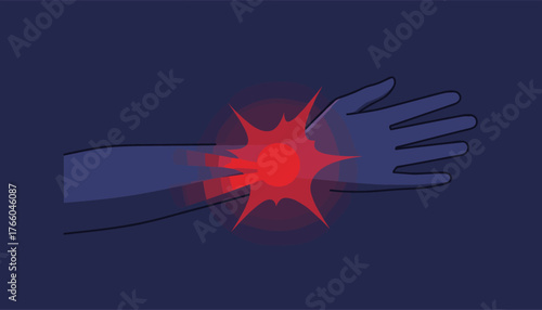 Illustration of a human arm and hand with a bright red, pulsating pain symbol concentrated on the wrist, symbolizing acute discomfort and injury, set against a dark blue background, conveying a sense