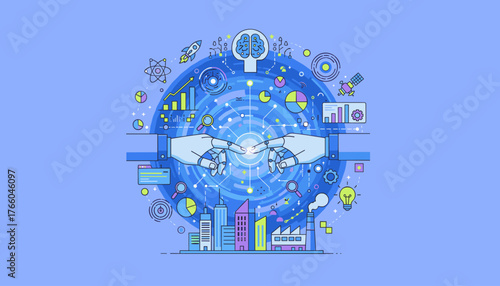 Conceptual illustration of artificial intelligence and machine learning, depicting a robot hand and a human hand touching, symbolizing connection and collaboration, surrounded by icons of technology