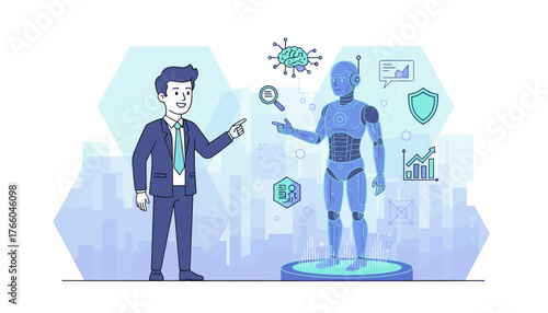 Futuristic AI technology concept with a businessman interacting with a holographic robot, surrounded by digital icons representing data, security, and analytics, symbolizing innovation and the future